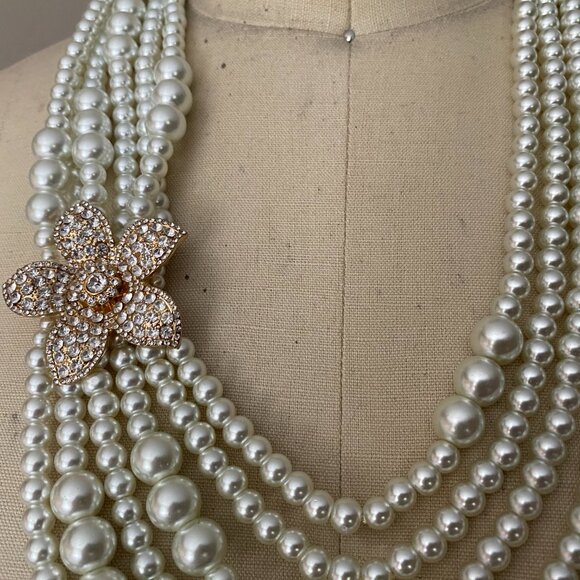 Bloomingdales CLASSIC White 6 strand Pearl Flower pendant bib Collar Necklace - Picture 9 of 15
